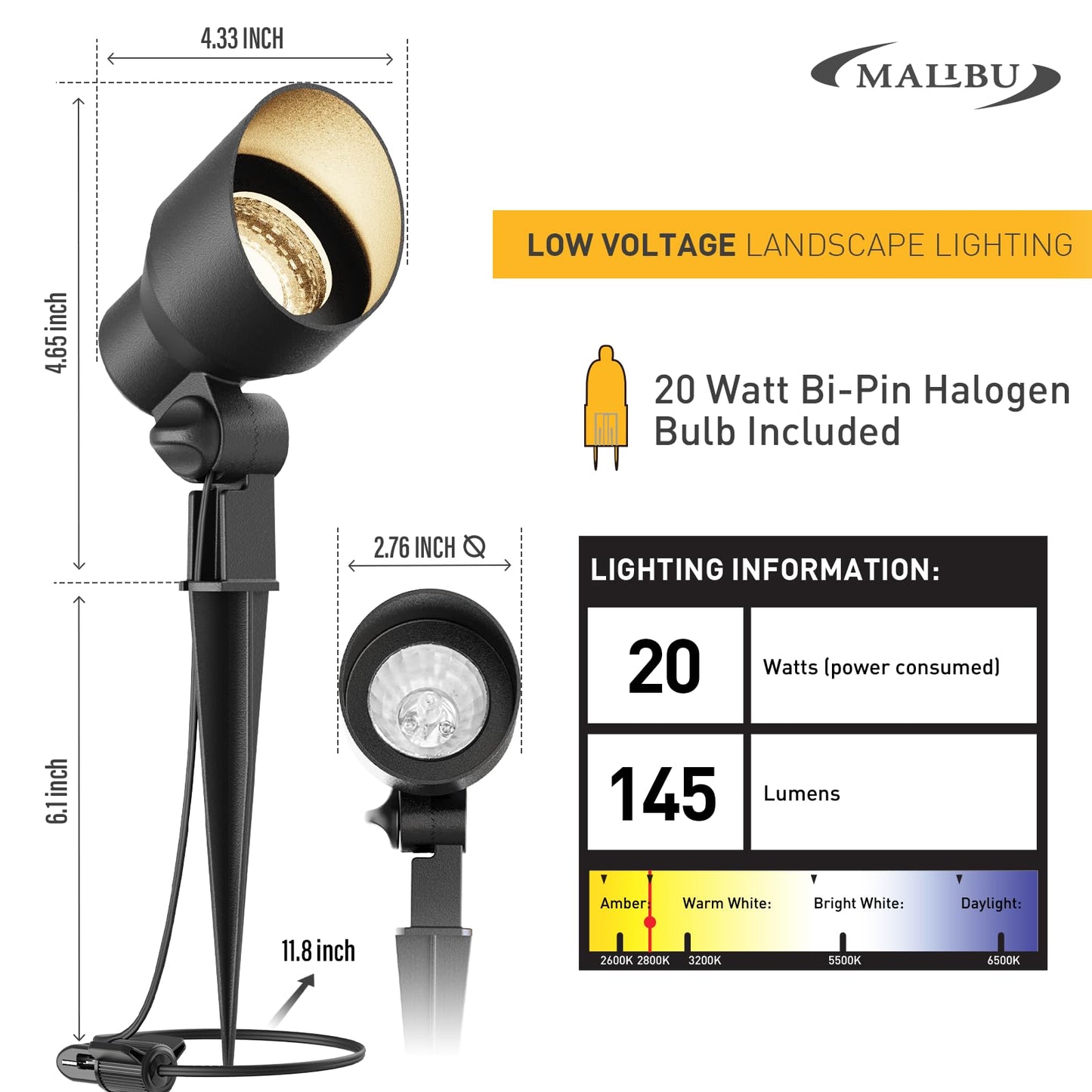 Malibu 20W Landscape Lighting Outdoor Landscape Spotlights Low Voltage 12V Ac Warm White Lighting 145Lumen Waterproof For Driveway Yard Lawn Patio Walls Trees 2Pack 8301-9604