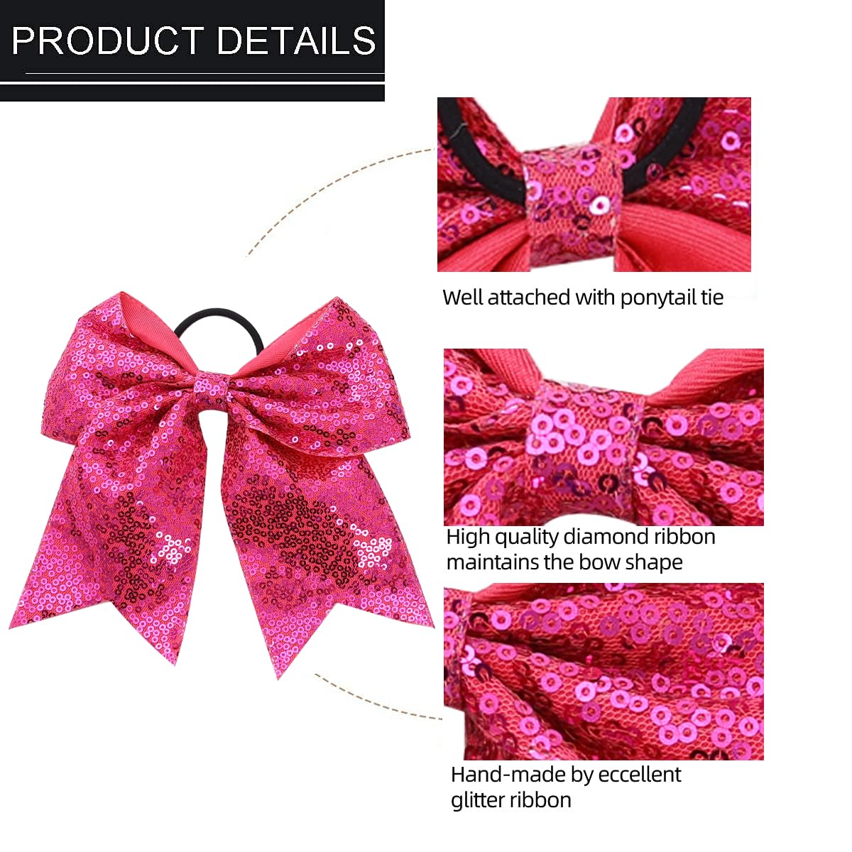 16 PCS Large Glitter Hot Pink Cheer Hair Bows, Shiny Cheerleading Bows Ponytail Holder for Cheerleader Girls Softball Sports and