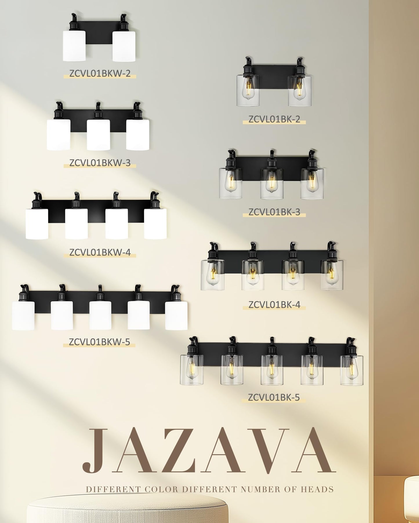 Jazava 5 Light Bathroom Vanity Light  Morden Black Vanity Light Bathroom Lighting Fixtures Over Mirror Black Wall Sconces With Milky White Frosted Shade Zcvl01Bkw-5