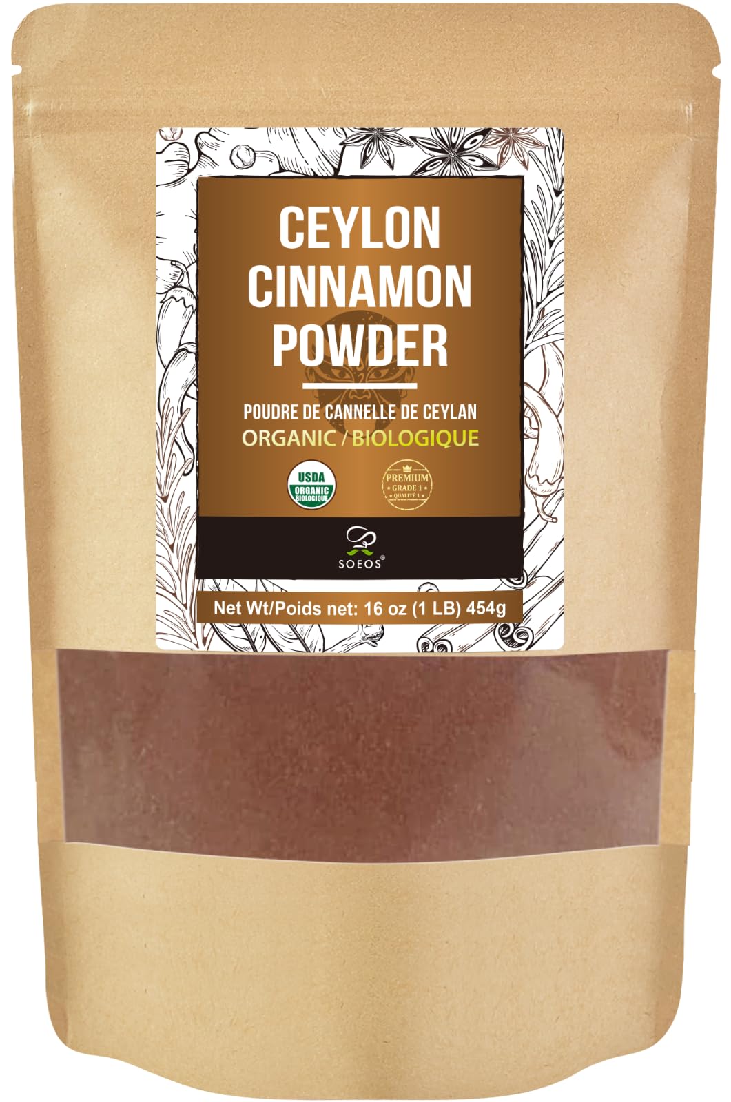 Soeos Organic Ceylon Cinnamon Powder  16oz (454g)  enhanced Ground Cinnamon  Non-GMO  Gluten-Free  Freshly Packed