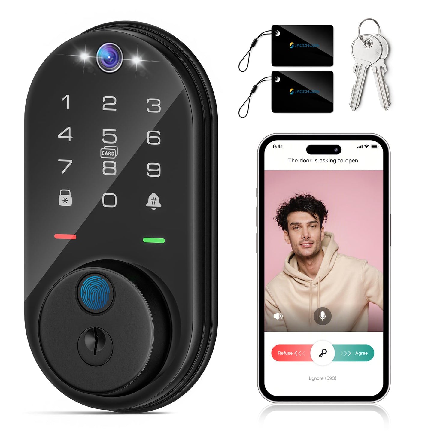 Jacchozhi Fingerprint Smart Lock with Camera, Keyless Entry Door Lock for Front Door, Video Smart Deadbolt with Doorbell, Built-in 2.4GHz WiFi,2-Way Audio, APP Control,IP54 Waterproof, 8 AA Batteries