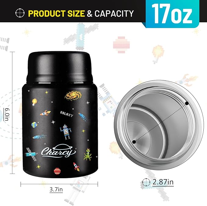 Charcy 17oz Thermo for Hot Food, Soup Thermo Food Container for Lunch Box with Folding Spoon ZB - Black Pixel Space