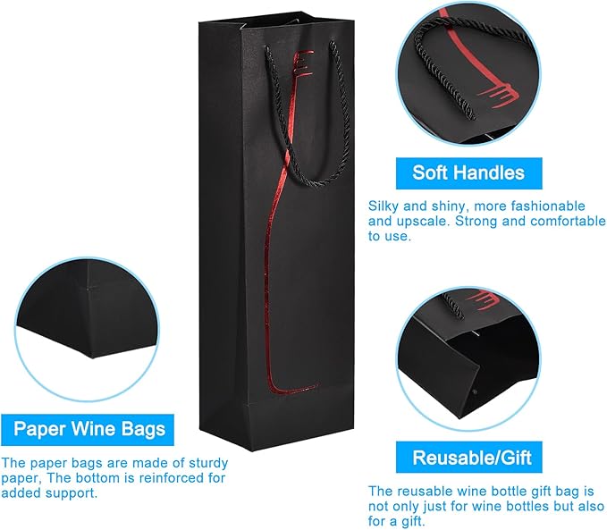 uxcell Wine Bags, 1pcs Black Red 5 x 4 x 15 In Wine Gift Bags with Rope Handles Paper Wine Tote Bag for Wedding Birthday Christmas Party Supplies
