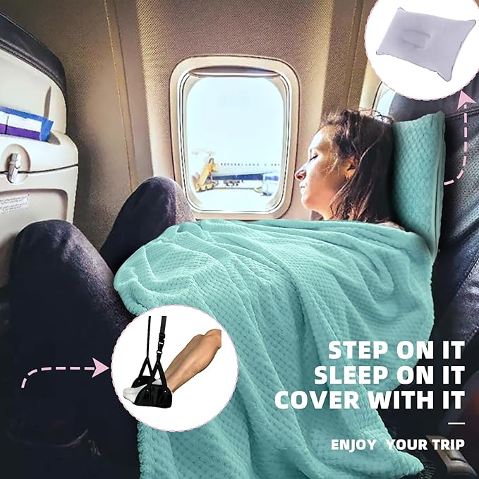 4 in 1 Travel Blanket and Pillow Set with Airplane Footrest - 350 GSM Thick Travel Blanket Airplane Compact with Bag, Inflatable Pillow, Foot Hammock for Plane Travel (Green)