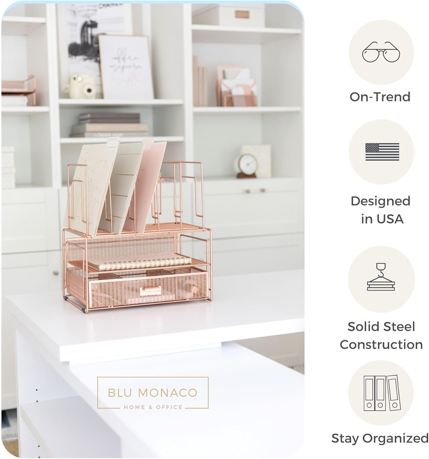 BLU MONACO Rose Gold Desk Organizer with File Sorters & Drawer – Workspace Storage Rack for Office Supplies, Paper & Folders