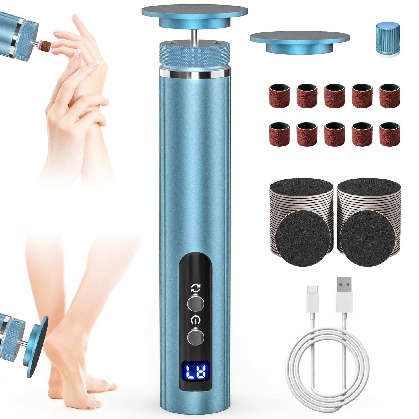 Electric Foot Callus Remover: 2-in-1 Rechargeable Foot File with 7 Adjustable Speeds & 1200RPM Power - Replacement Sandpaper Dis