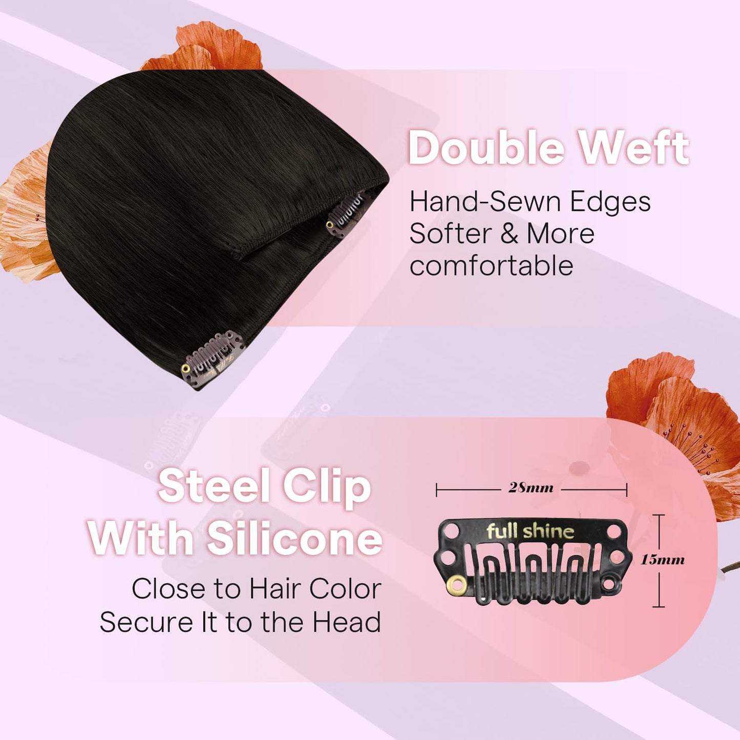 Full Shine Black Clip in Hair Extensions, Clip ins Real Human Hair for Black Women 14 Inch, Silky Straight Remy Hair Extensions,