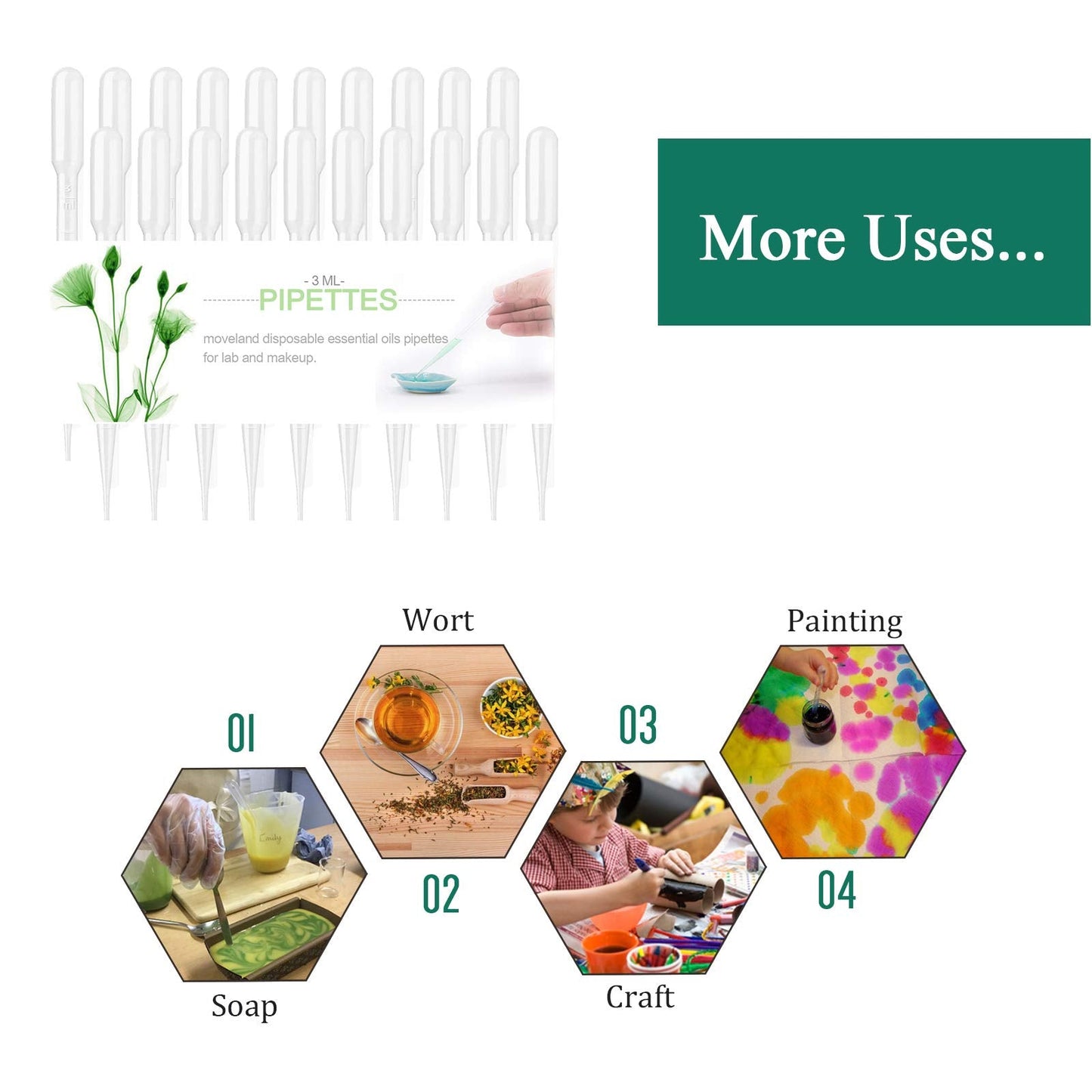 moveland 3ml Disposable Plastic Transfer Pipettes, Calibrated Dropper Suitable for Science Laboratory, DIY Art (300)