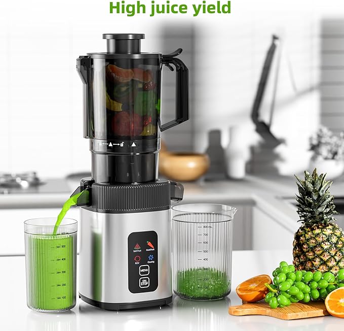 Crzoe Cold Press Juicer with a 4.35 Wide Feed Chute for Whole Fruits and Vegetables, Button control, Slow Masticating juicer, Easy to Clean Low noise and High juice Yield, Stainless Steel