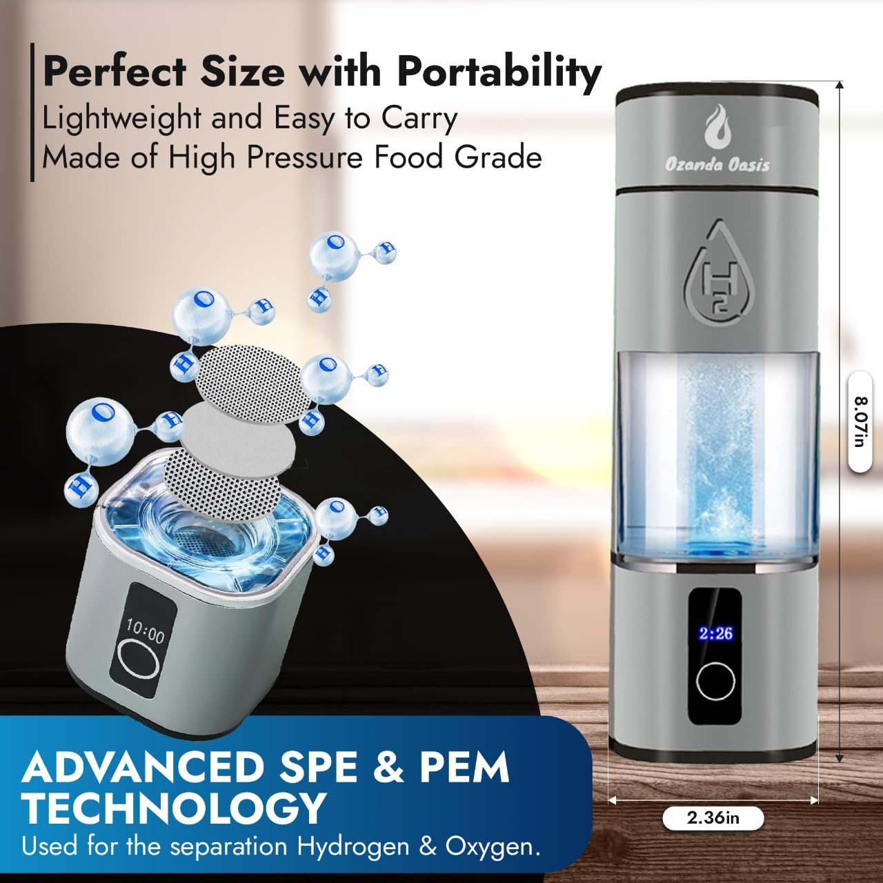 Hydrogen Water Bottle – 8000 PPB | Certified H2 Generator | SPE/PEM Cup with Platinum Electrodes & Dupont PEM • Portable USB Rechargeable 280 mL Hydrogen Generator for Drinking Water