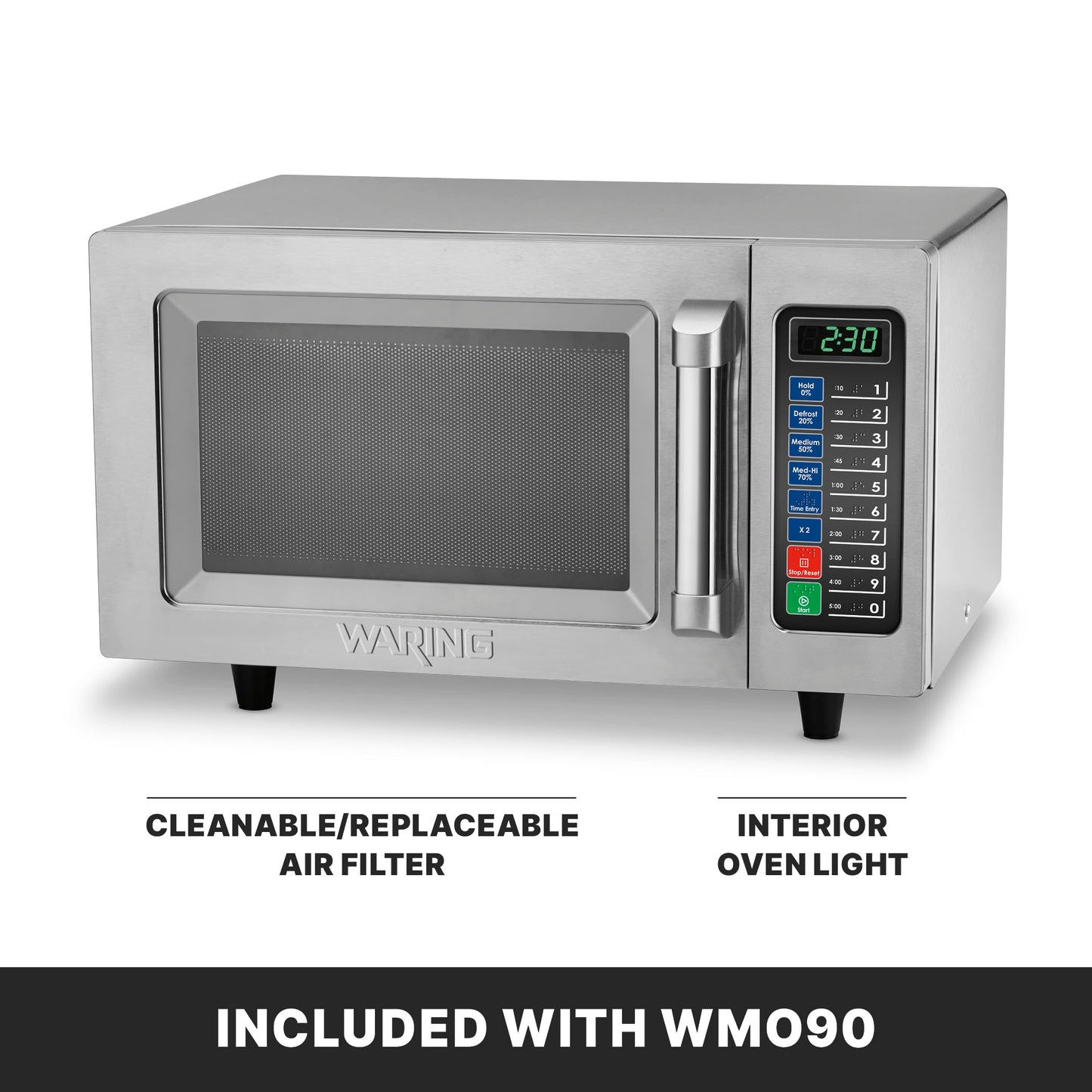 Waring Commercial WMO90 Medium Duty Microwave Oven, 0.9 Cubic Feet, 10 Programmable Memory Settings, 5 Power Levels, Stainless Steel Construction, 120V, 1000W, 5-15 Phase Plug