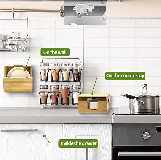 Bamboo Paper Plate Storage,Paper Plate Holders and Dispenser,fit for Kitchen Wall, Countertop and Under Cabinet 8-10in Plates