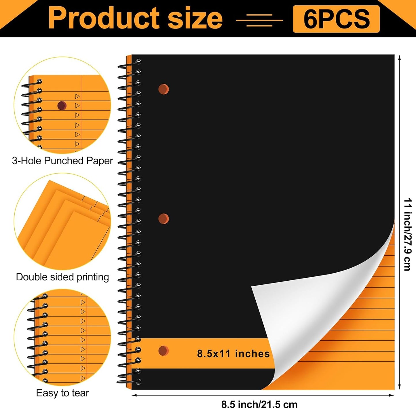 6 Pcs Legal Pad Top Spiral Bound Notebook 70 Sheets Wirebound Notepad Double Sided Ruled Memo Steno Pad with Stiff Back Cover for Business(8.5 x 11 Inches,3 Hole Punch,6 Colors)