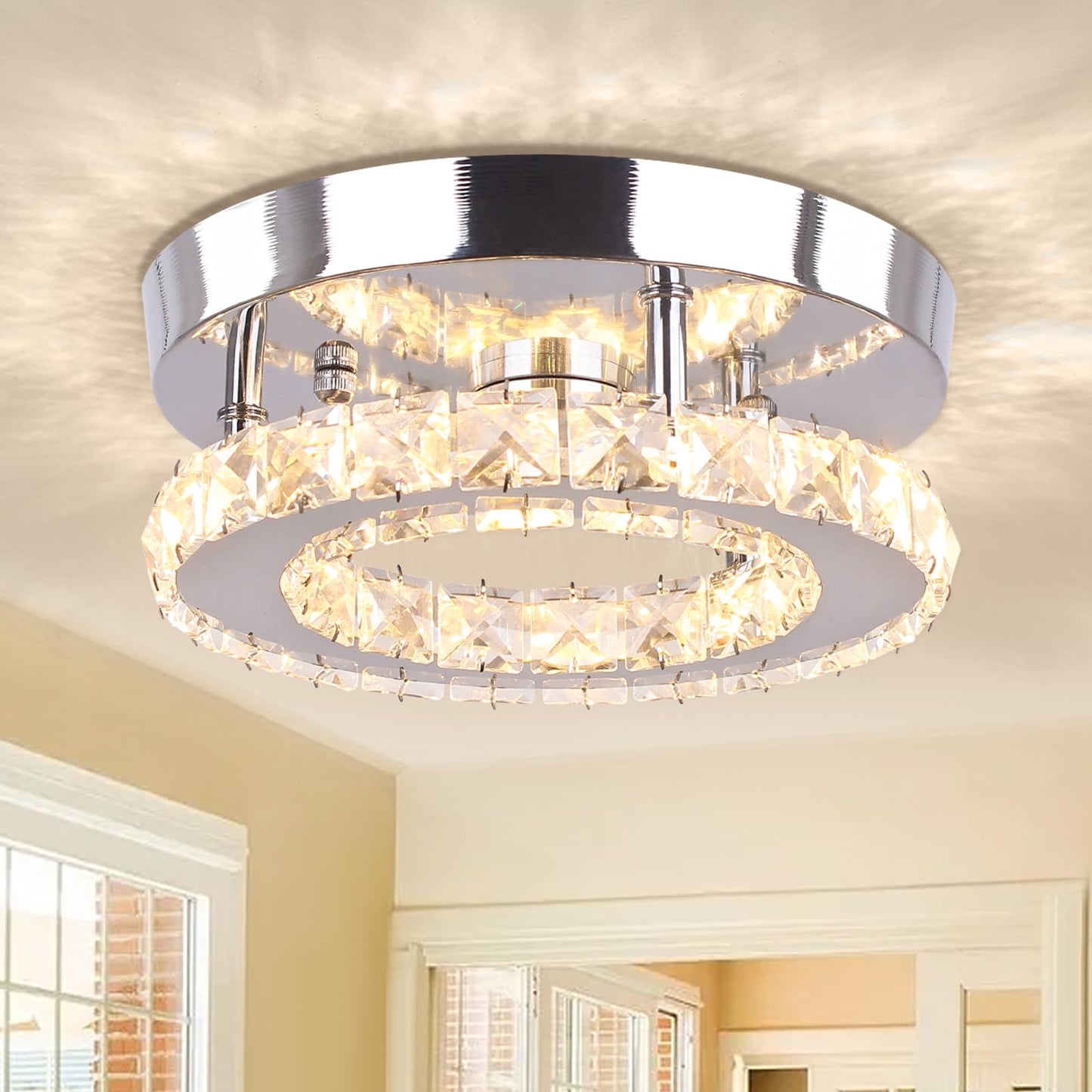 diisunbihuo Dimmable Mini Crystal Chandelier LED Flush Mount Ceiling Light Round Model XDY-D, Ideal for Hallway, Bedroom, Bathroom, Kitchen, Office