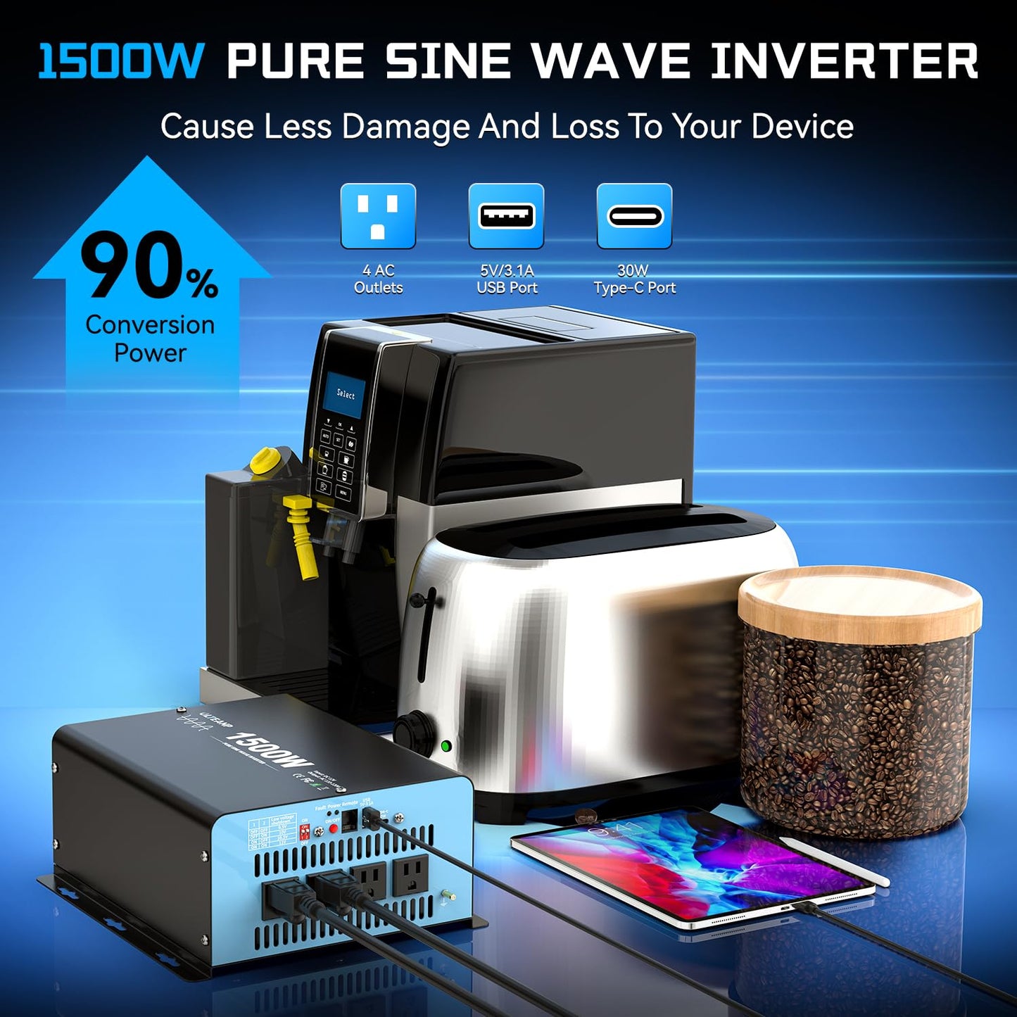 Olteanp New Upgraded 1500 Watts Pure Sine Wave Inverter, 12V Dc To 110V Ac Power Inverter With 4 Ac Outlets, Usb Port, Type-C Po