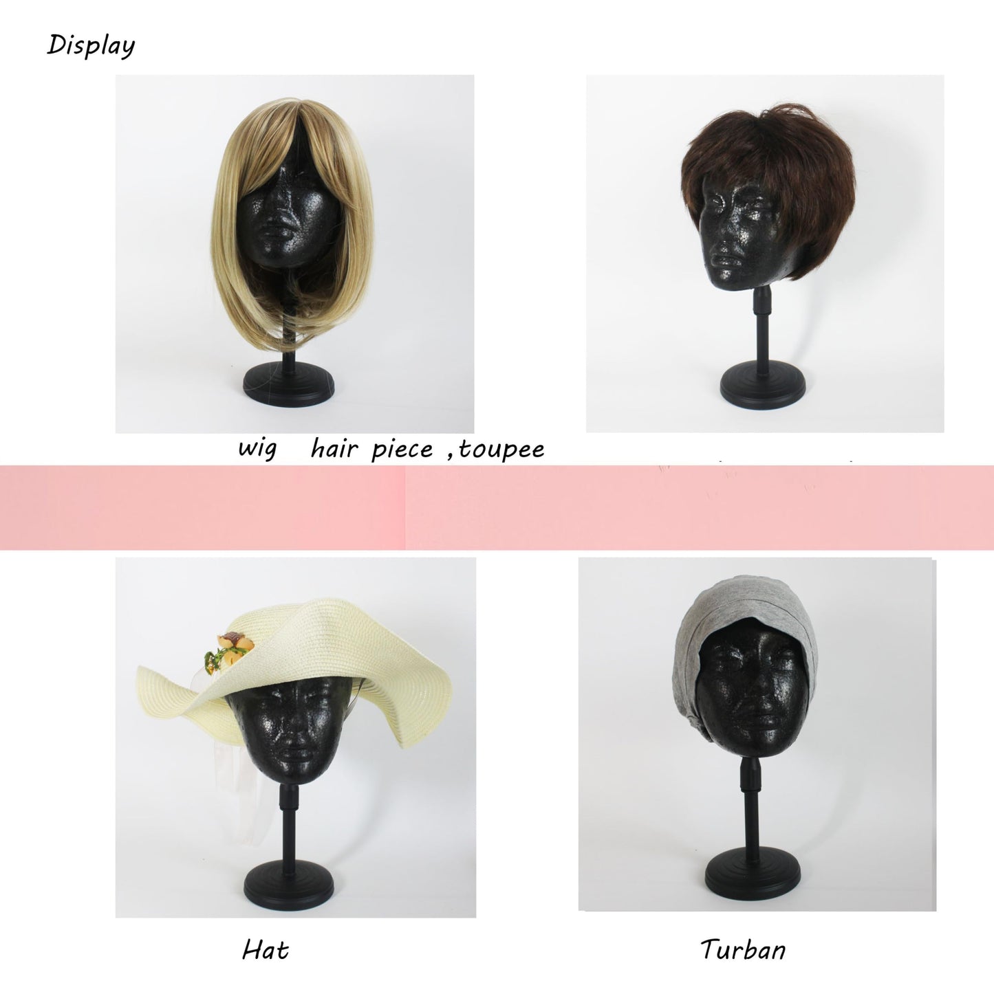 FASHION DO 2 PACKS Adjustable wig or hat black styrofoam mannequin head holder stand (13   to 17   ) (Black head 01)