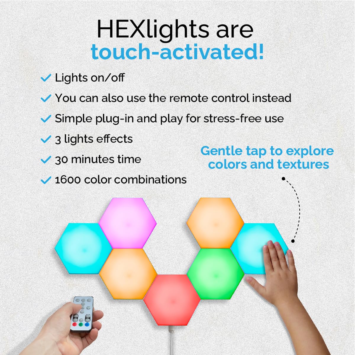 Emberela HEXlights Sensory Lights for Kids - 7pk Touch Hexagon Lights, Remote Controlled - Autism-Friendly Tap Tap Wall LED Panels for Sensory Room - Table Stand Included