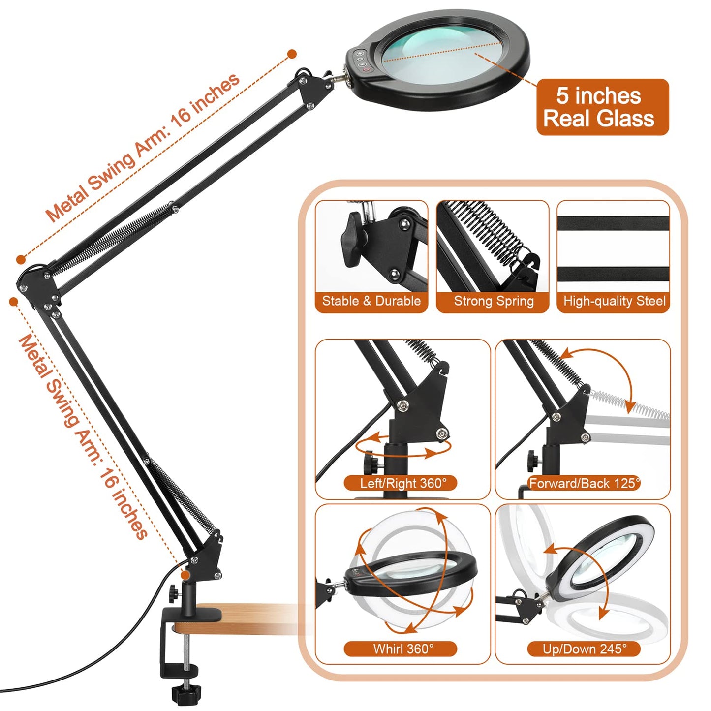 Veemagni 5 Magnifying Glass With Light, 8X Magnifier, Black, Led Clamp Desk Lamp, 5 Color Modes, 2*16 Swivel Arm, Model