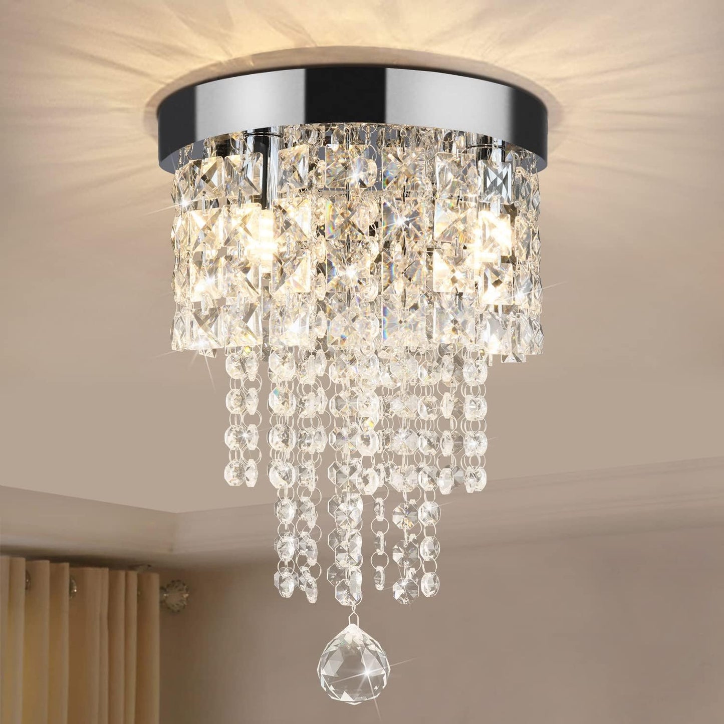 TISLYCO Crystal Chandelier, Modern 3 Light Fixture, Small Flush Mount, Silver, 9.05inx10.25in