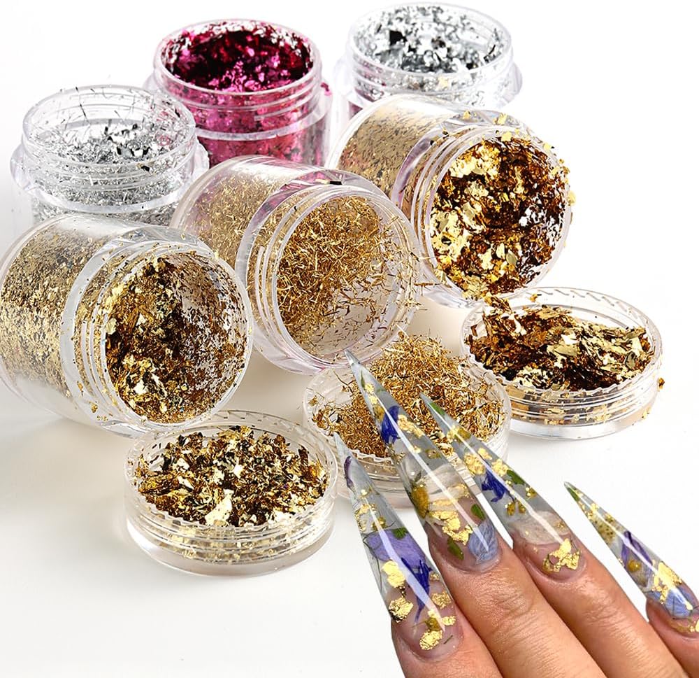 6 Bottles Holographic Nail Glitter Foils, Metallic Gold Silver Hot Pink Ultra-Thin Aluminum Foil Flakes for Nails, Resin Jewelry Making, Painting Art Nail Supplies DIY Manicure Charms Decorations