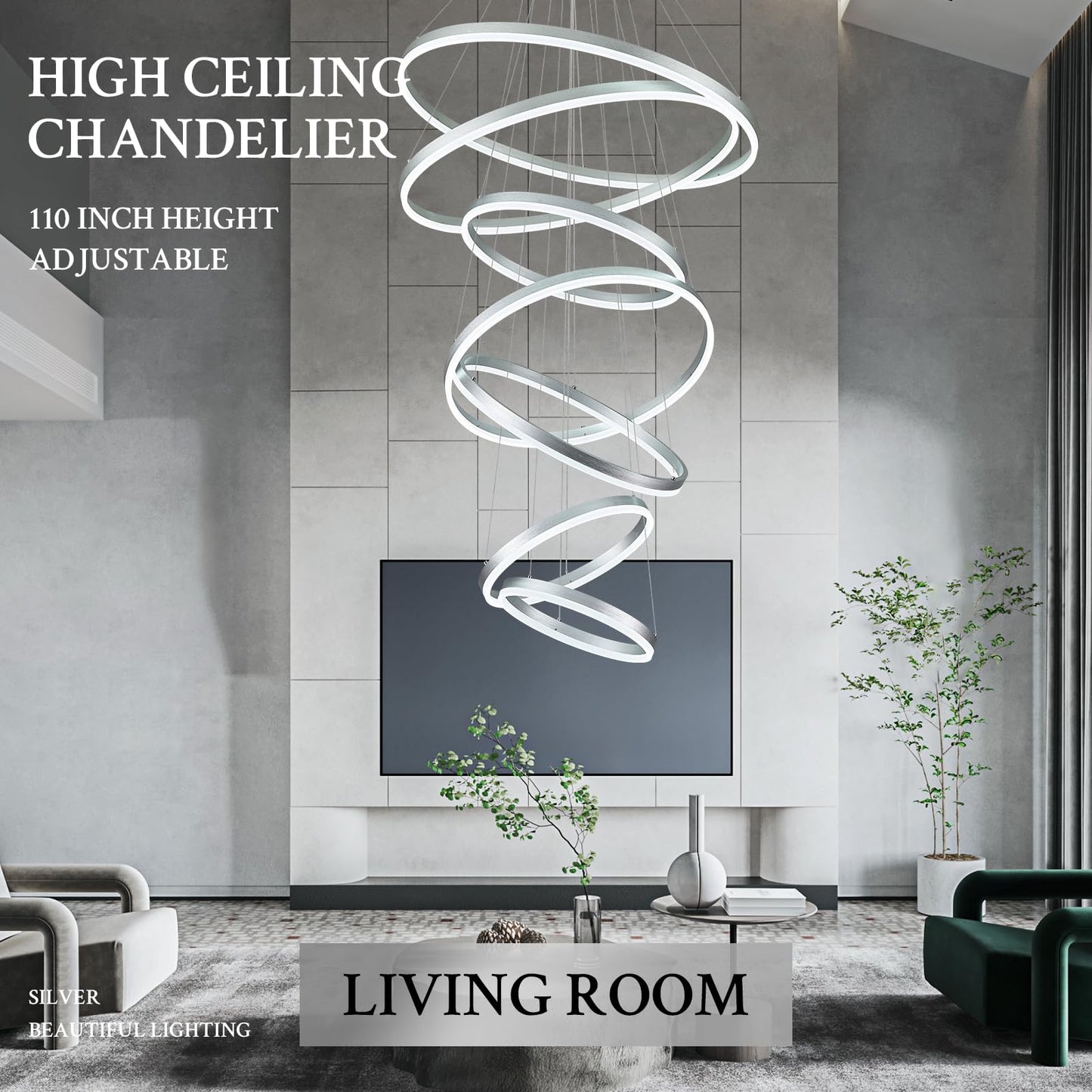 Sparklelf Modern LED Chandelier, 7 Rings 31.5in, Dimmable, Remote Control, Silver Finish, for High Ceilings, Entryway, Dining Room