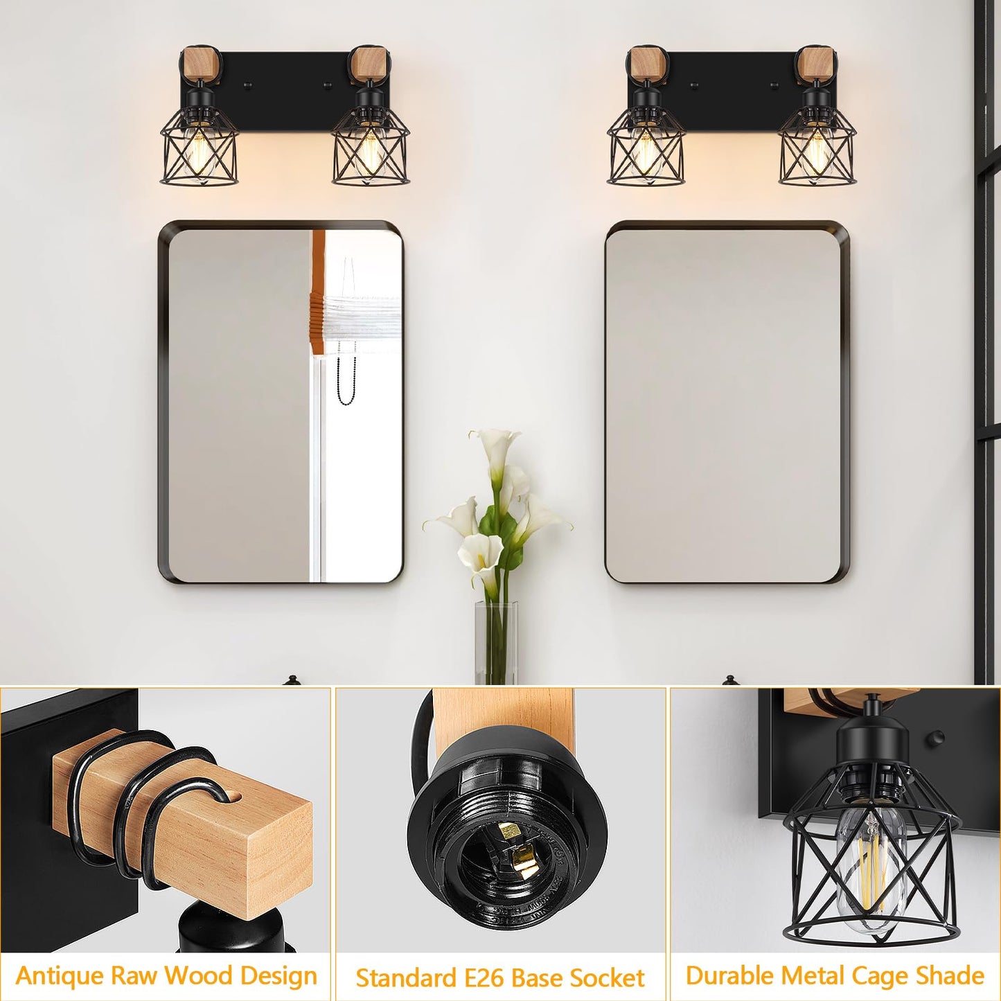 Fadimikoo 2-Light Farmhouse Bathroom Vanity Light Fixtures  Wood Bathroom Lighting Over Mirror  Black Rustic Sconces Wall Lighting With Metal Lampshade For Living Room  Bedroom  Hallway