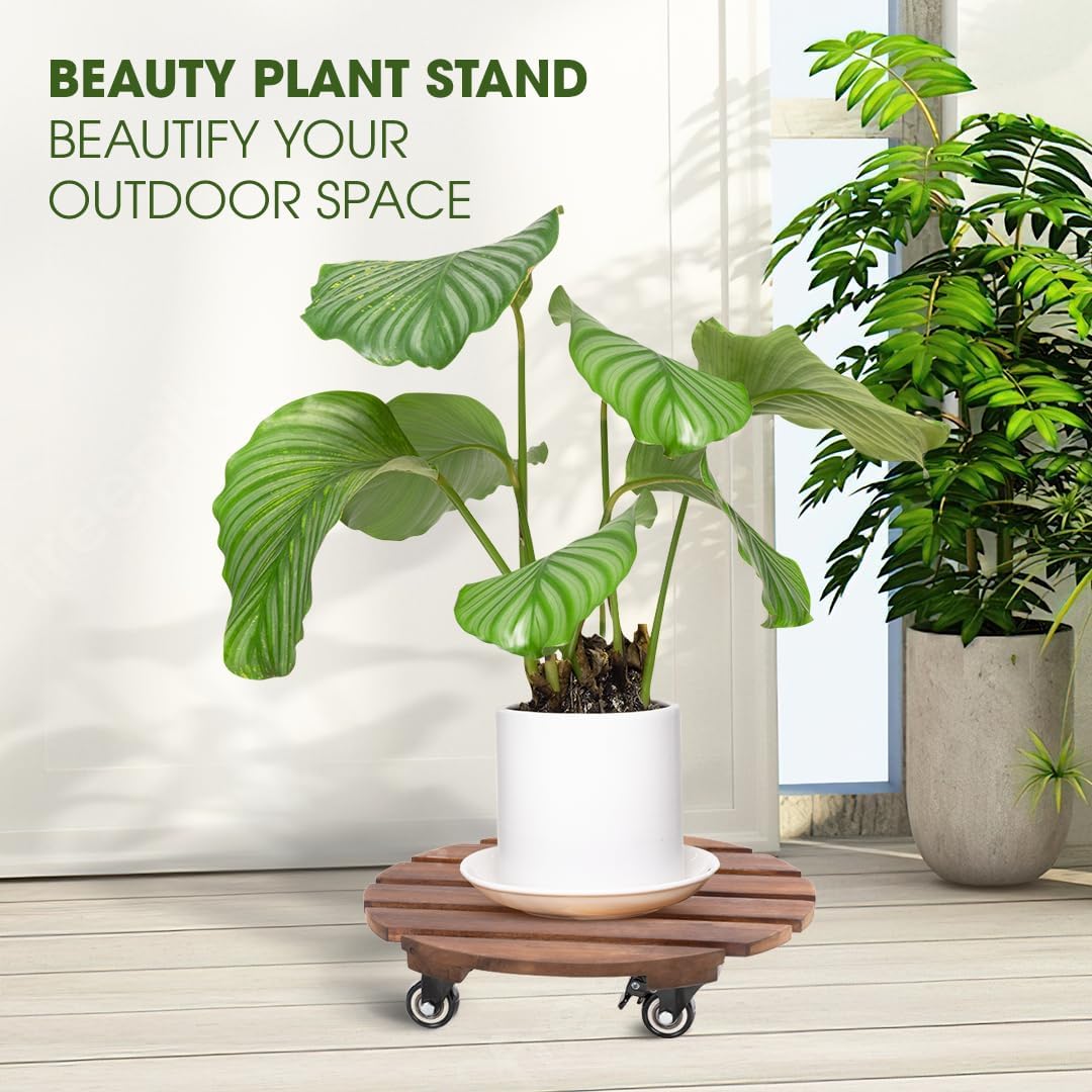 2pack Wood Plant Caddy With Wheels Heavy Duty Red Brown, 264 Lbs Capacity, 12 Inch Acacia Hardwood Plant Dolly, Plant Stand with 360° Lockable Wheels for Plant Pots, Heavy Objects Hauling