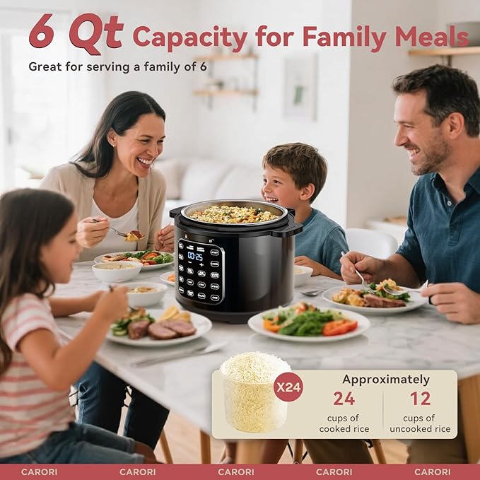 9-in-1 Electric Pressure Cooker 6 Qt, Stainless Steel Inner Pot, Programmable 12 Multi-Function Cooker with Safe Vent Design, Rice Cook, Slow Cook, Sauté, Warmer & Sterilizer, Black