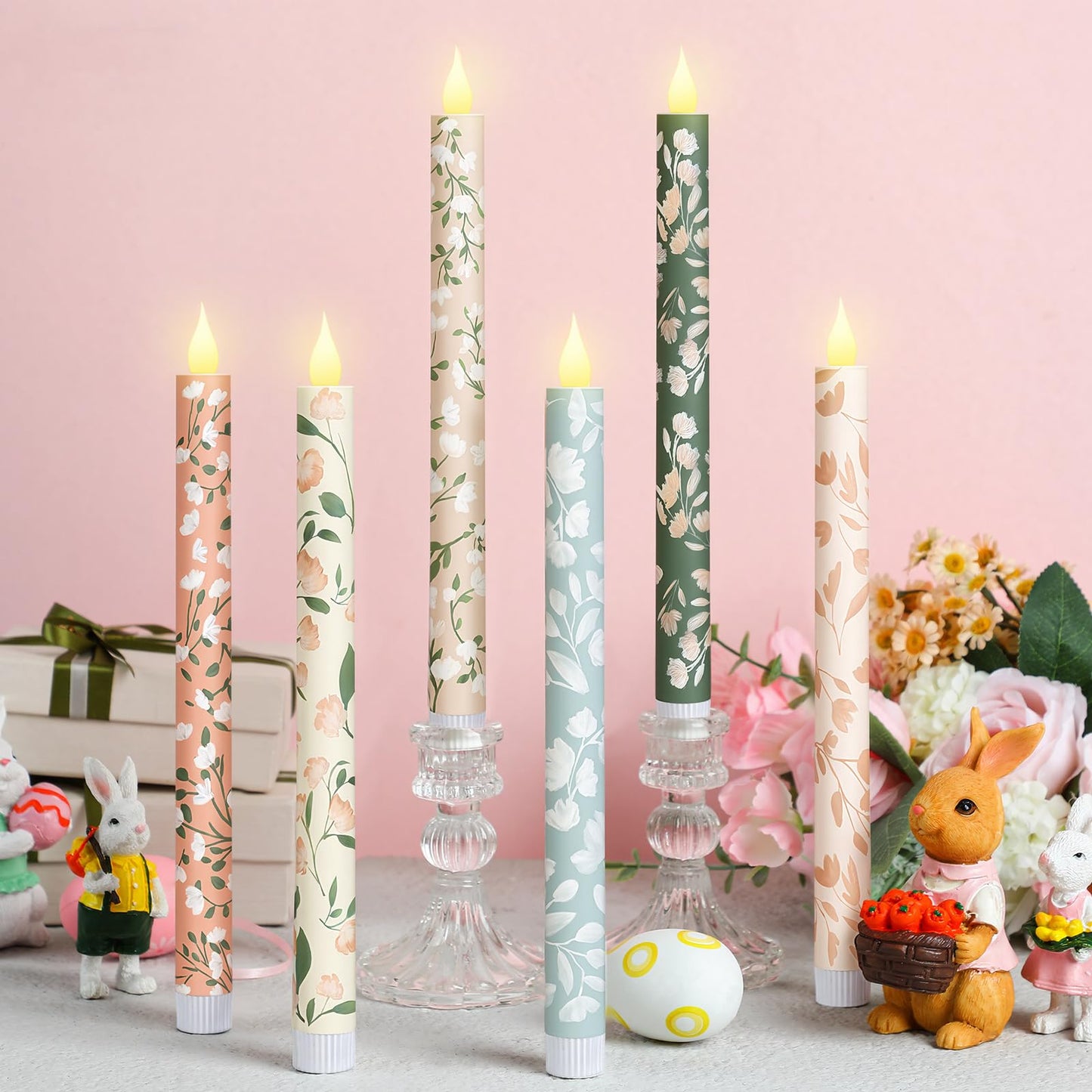 Honoson 6 Pcs Easter Flameless Taper Candles 10.6 Inch Spring Flower Candles Battery Operated LED Candlesticks for Easter Dinner Table Home Party Decor