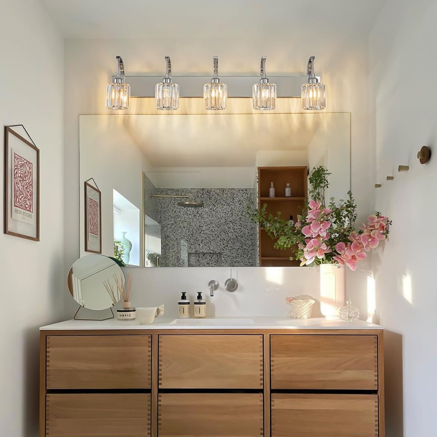 Fdpby 5-Light Crystal Vanity Light  Modern Chrome Bathroom Wall Sconce With K9 Crystal Shades  42.51 Long Over Mirror Lighting For Vanity  Makeup  Hallway  Elegant & Easy Installation
