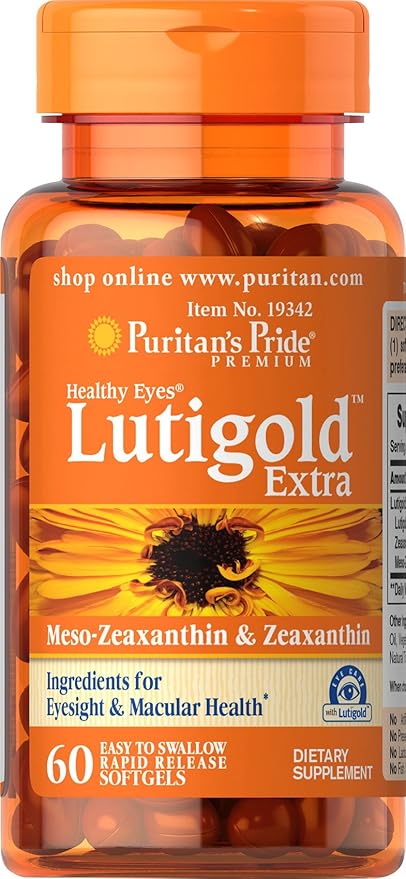 Puritan's Pride Premium Healthy Eyes Lutigold Extra Lutein with Meso-Zeaxanthin and Zeaxanthin for Men and Women, Vision Health Support, 2 Month Supply, 60 Easy-to-Swallow Rapid Release Softgels