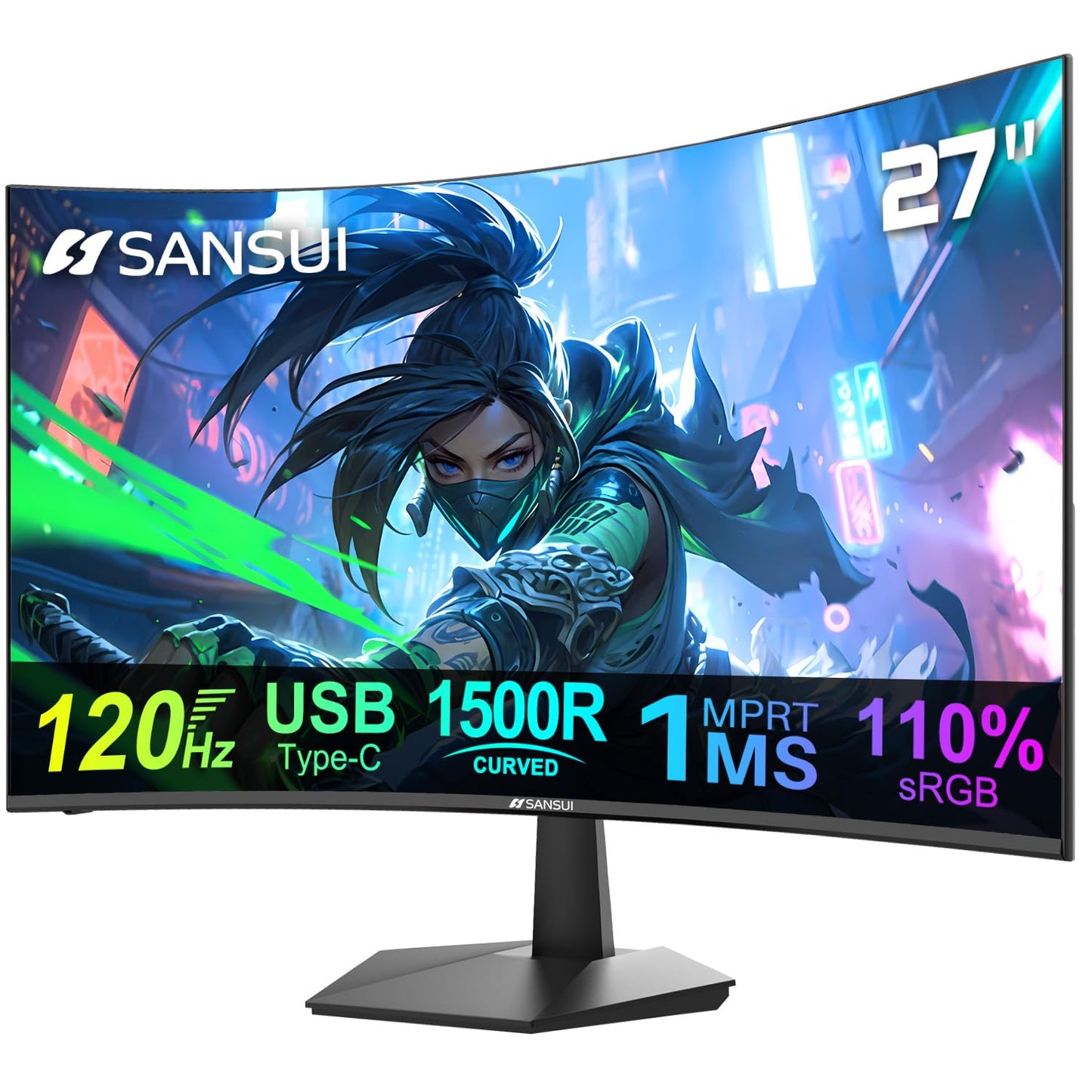 SANSUI Curved Monitor 27 inch 120Hz USB Type-C Computer Monitor with Speakers Built in?FHD 1080p?HDR?110% sRGB?1500R?VESA Compat