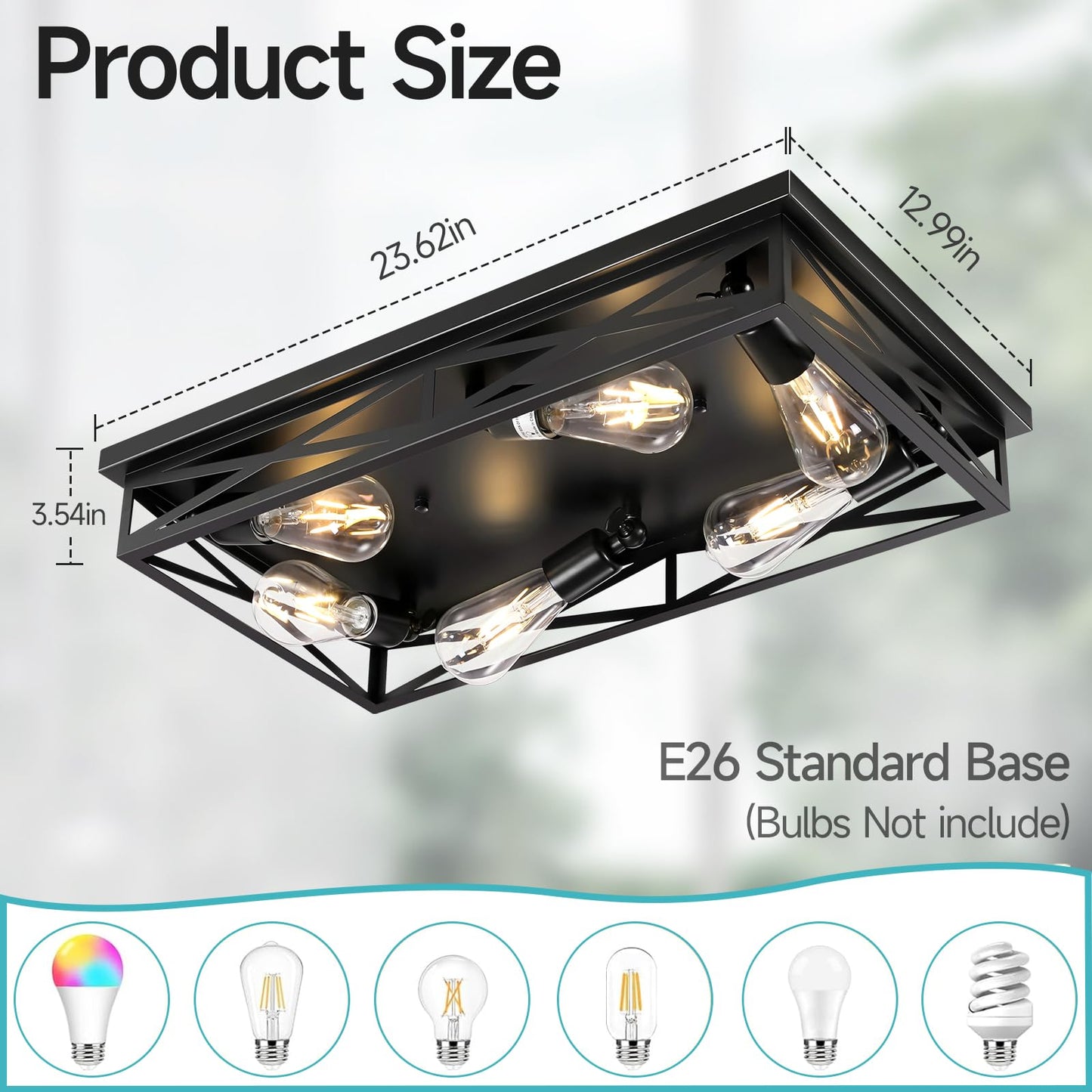 DIKAIDA 6-Light Flush Mount Ceiling Light Fixture, Black Metal Cage, 23in for Kitchen, Hallway, Entryway