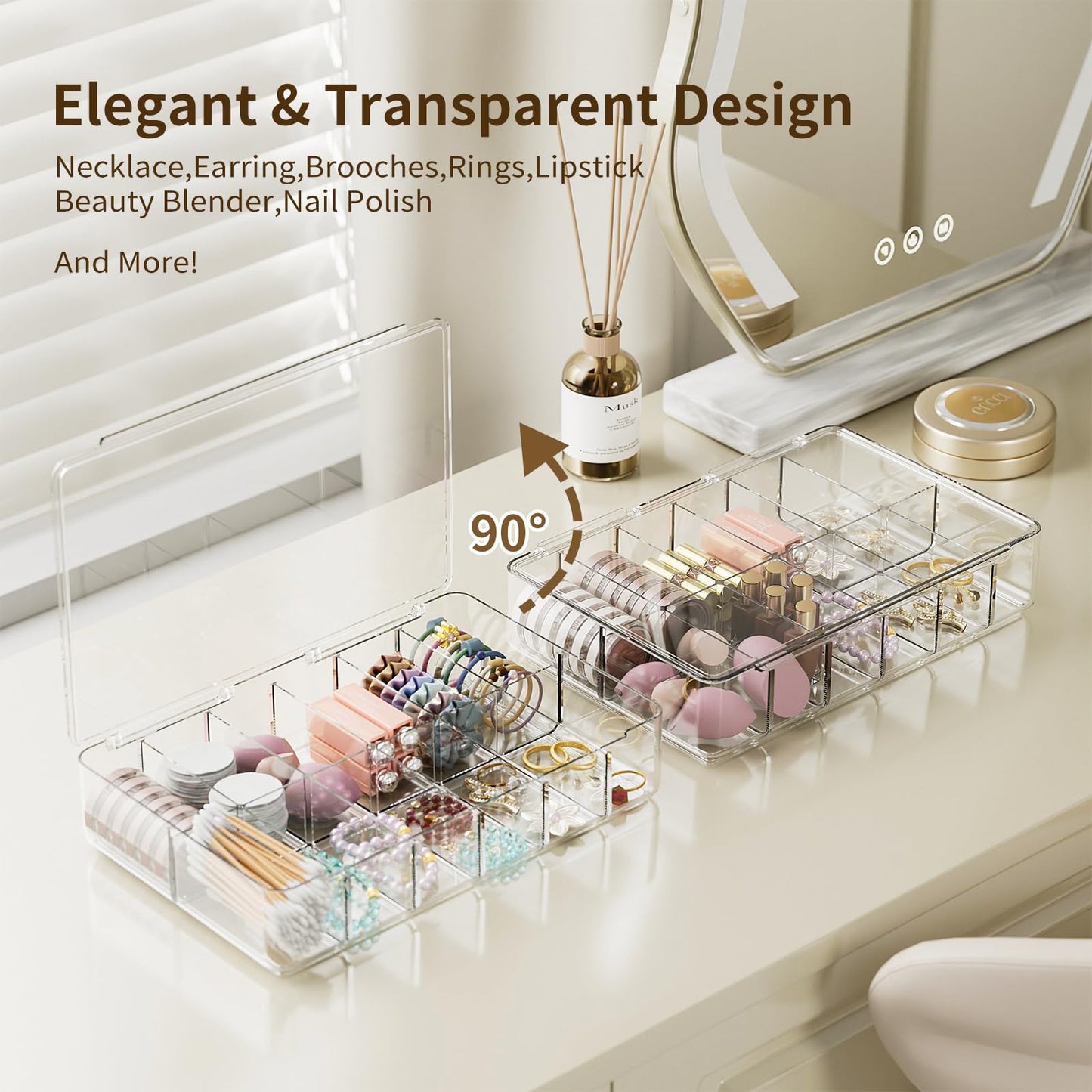 APLOP Clear Acrylic Makeup Organizer with Cover - 12 Compartments Cosmetic and Jewelry Organizer for Vanity and Desk Storage
