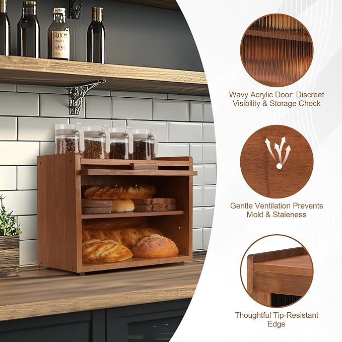Bread Box for Kitchen Countertop Container Bin 2 Layer Wooden Bread Storage Adjustable Shelf Holder Large Capacity Modern Farmhouse Food Organizer Acrylic Window (Brown)