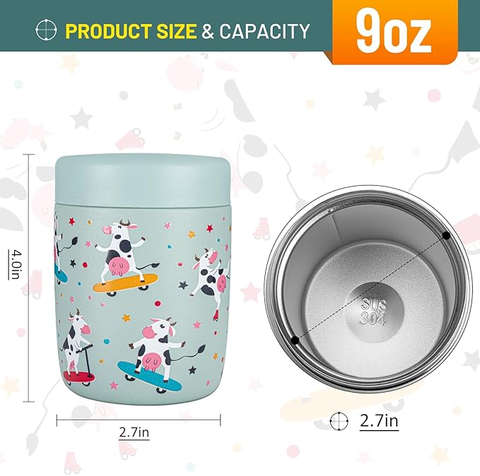Charcy 9oz Stainless Steel Vacuum Insulated Kids Food Jar - Soup Thermo for Hot & Cold Food - Cyan Dairy Cow