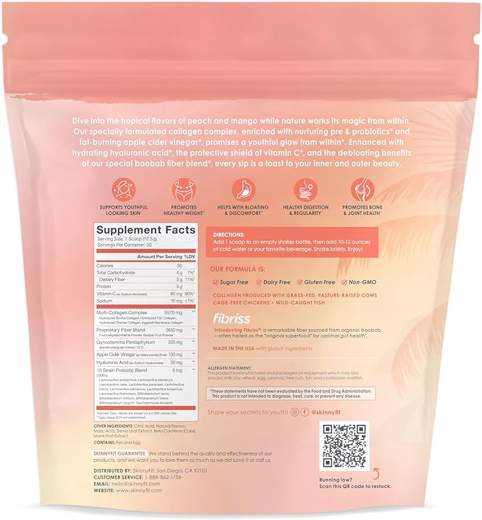 SkinnyFit - Super Youth, Peach Mango (28 Servings) - Multi Collagen Peptides Powder - Probiotics, Fiber, Hyaluronic Acid - Collagen for Women - Non GMO, Gluten Free, Sugar Free - Beauty & Self Care