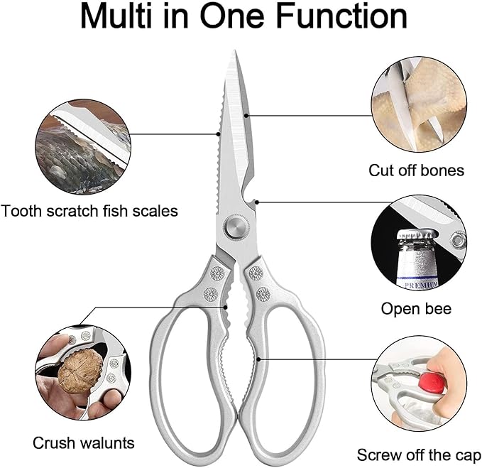 Kitchen Scissors, Heavy Duty Sharp Kitchen Shears Dishwasher Safe, Kitchen Gadgets Cooking Shears for Kitchen Meat Chicken Fish Poultry Herb Bread (Silver)