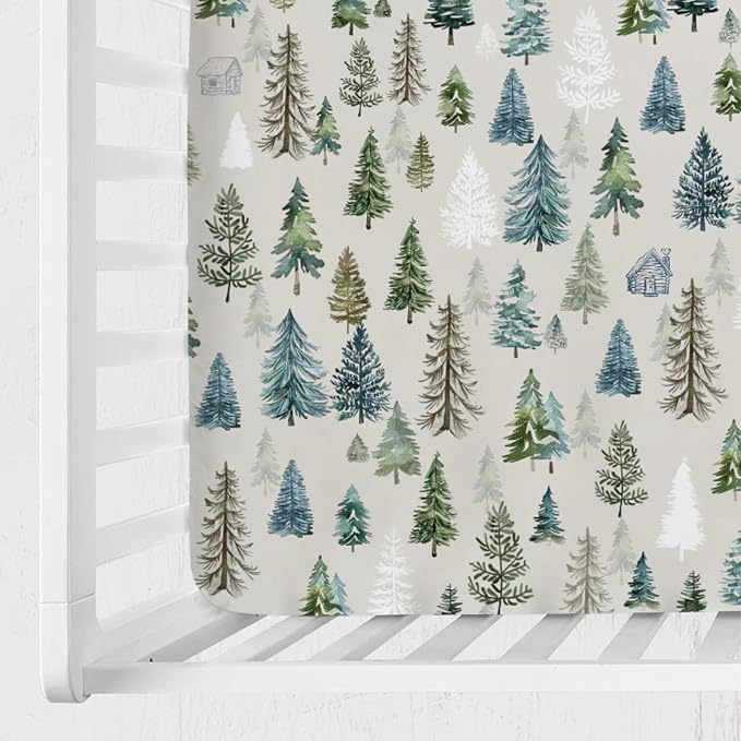 Boho Green Trees Baby Crib Sheet 52''x28'' Retro Pine Trees Stretchy Fitted Crib Mattress Cover for Boy Girl Winter Holiday Soft Baby Bed Sheets for Standard Crib and Toddler Mattresses