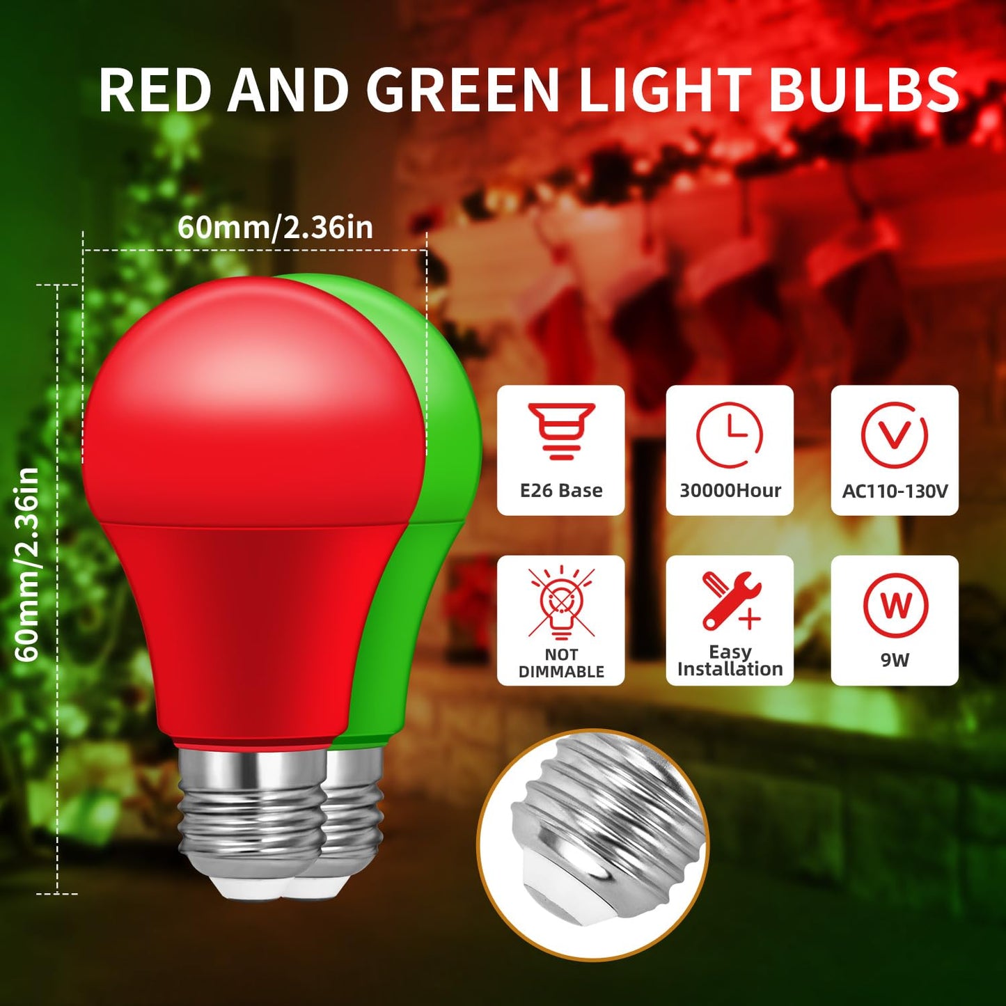 Roche Jaune A19 LED Light Bulbs, 4 Pack, 9W E26, Red and Green, 60W Equivalent, Plastic, Christmas Outdoor Lighting