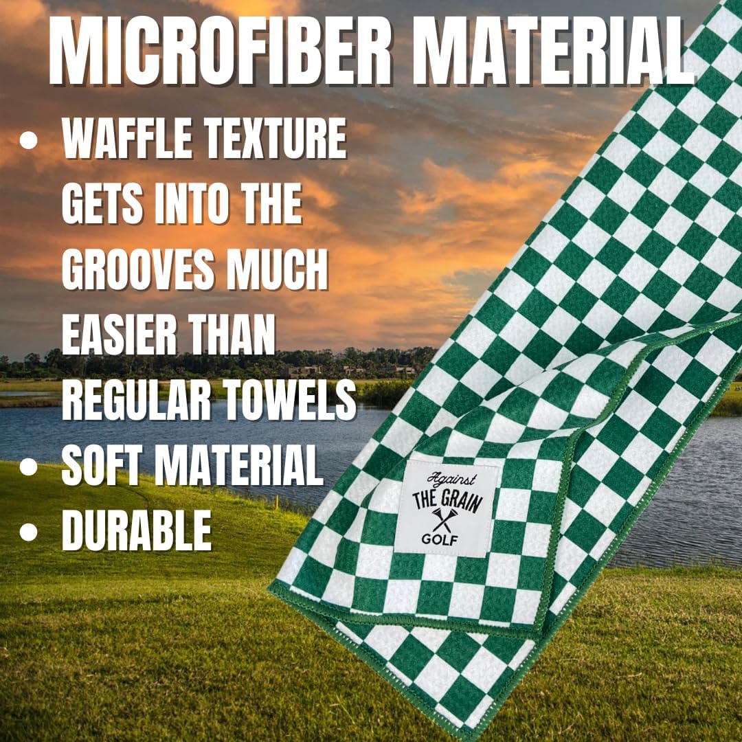 Against The Grain Microfiber Golf Towel with Clip - (20"x40") Green & White Checkered Design Golf Club Towel, Golf Towels for Golf Bags for Men & Women