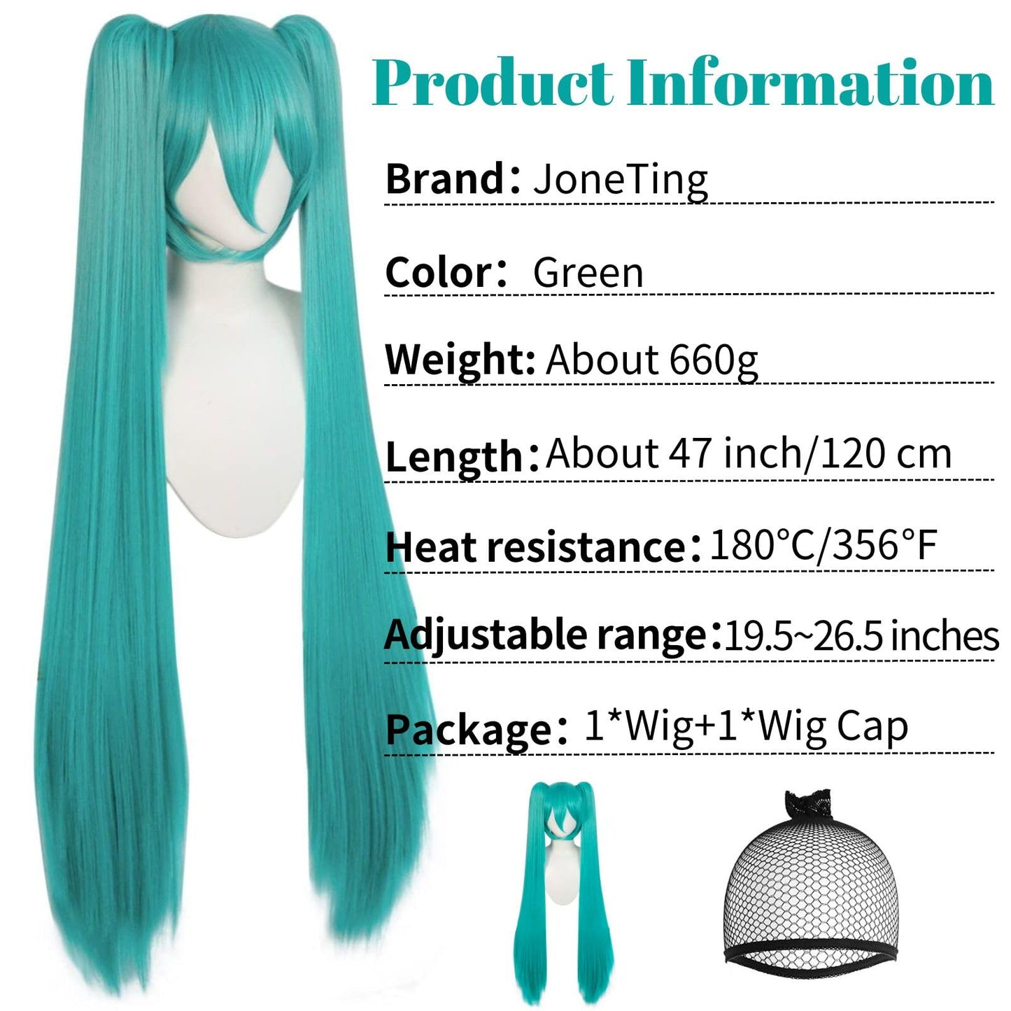JoneTing 120CM/47inches Green Wigs?+Hair Cap? Long Greenish Wig with 2 Ponytails for Women Long Straight Green Wigs with Bangs f