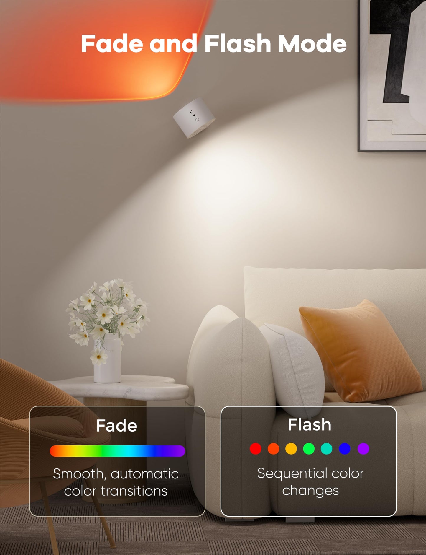 Joyzy Wall Light RGB LED Rechargeable Sconce, Battery Operated, Remote & Touch Control, 1 Pack, White/RGB, Model WL003
