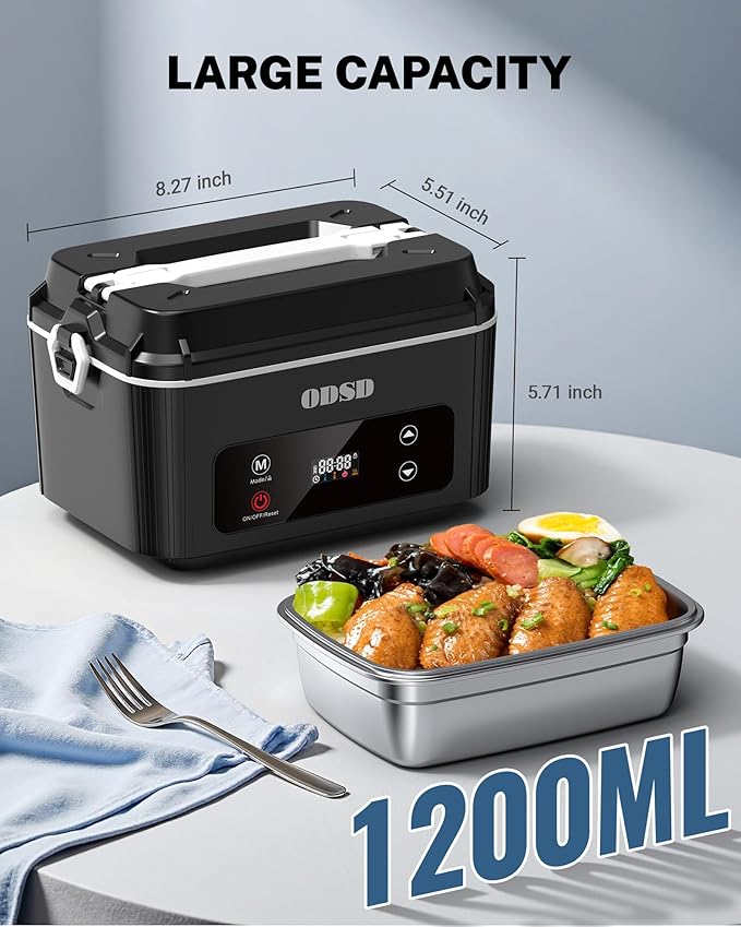 ODSD Cordless Electric Lunch Box for Adults, Heated Lunch Box 130min Battery Life, Self-Heating Portable Electric Food Warmer with 1.2L SS Container for Truck, Office, or Outdoor Worksite