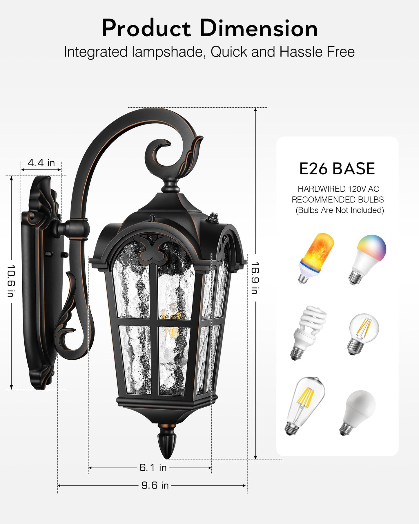 Vianis Outdoor Wall Light  16.9 Black Dusk To Dawn Outdoor Lighting With Gold Trim  Outside Light Fixtures Wall Mount With Tempered Water Ripple Glass For Patio  Entryway  Waterproof Anti-Rust