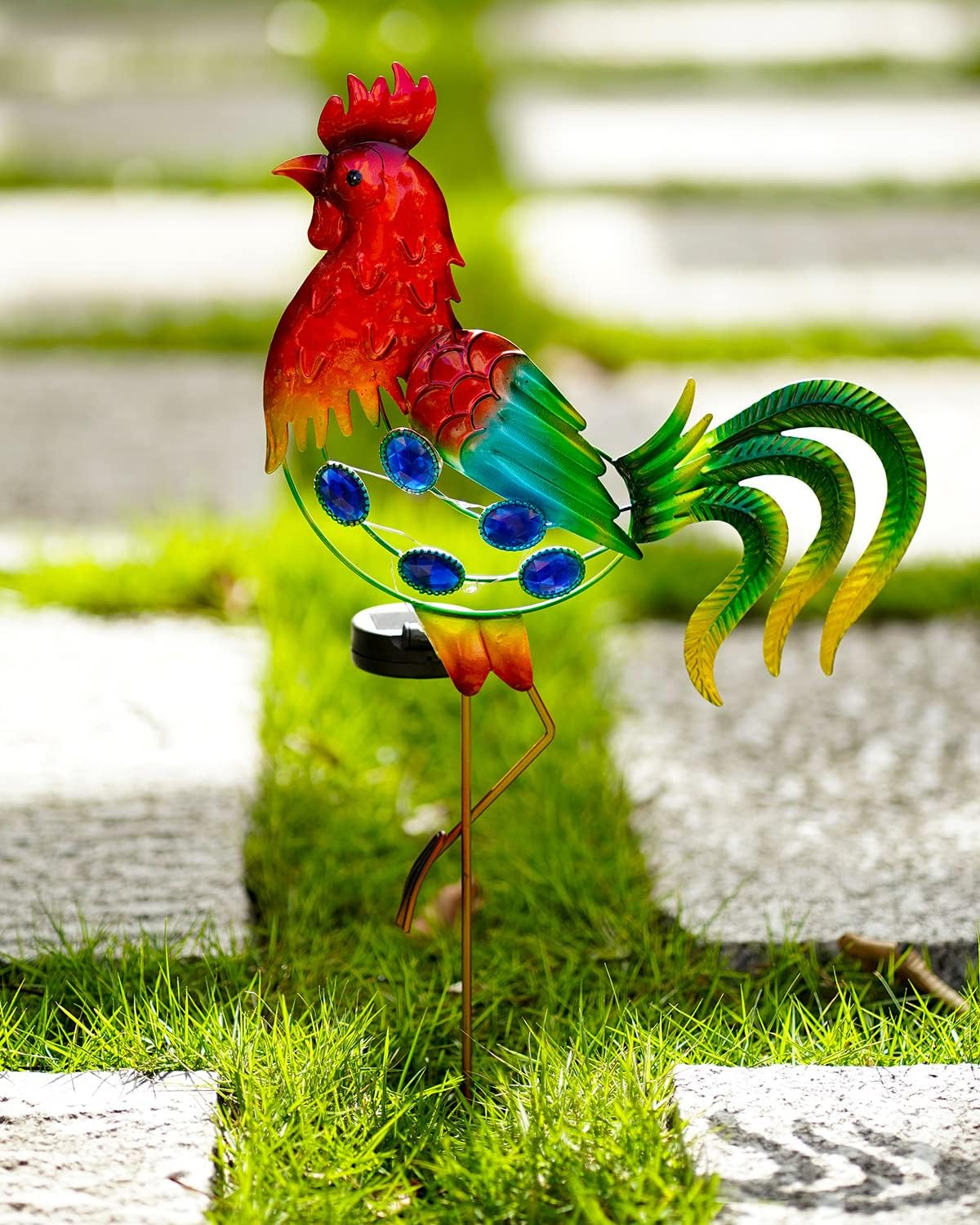 GDF 20" Chicken Decor - Outdoor Rooster Decor Solar Lights -Metal Rooster Garden Decorations for Yard Pathway Lawn Patio Courtyard, Gifts for Her/Him (Updated)