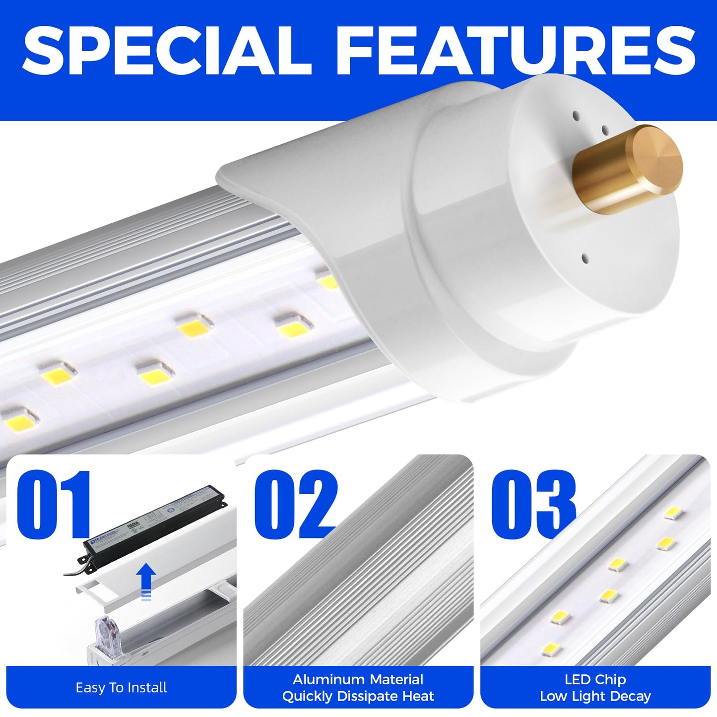 Barrina 8 FT LED Tube Lights, 44W 5500lm, Daylight White 5000K, Aluminium and PC, 12 Pack, Model INWT804022600Dc