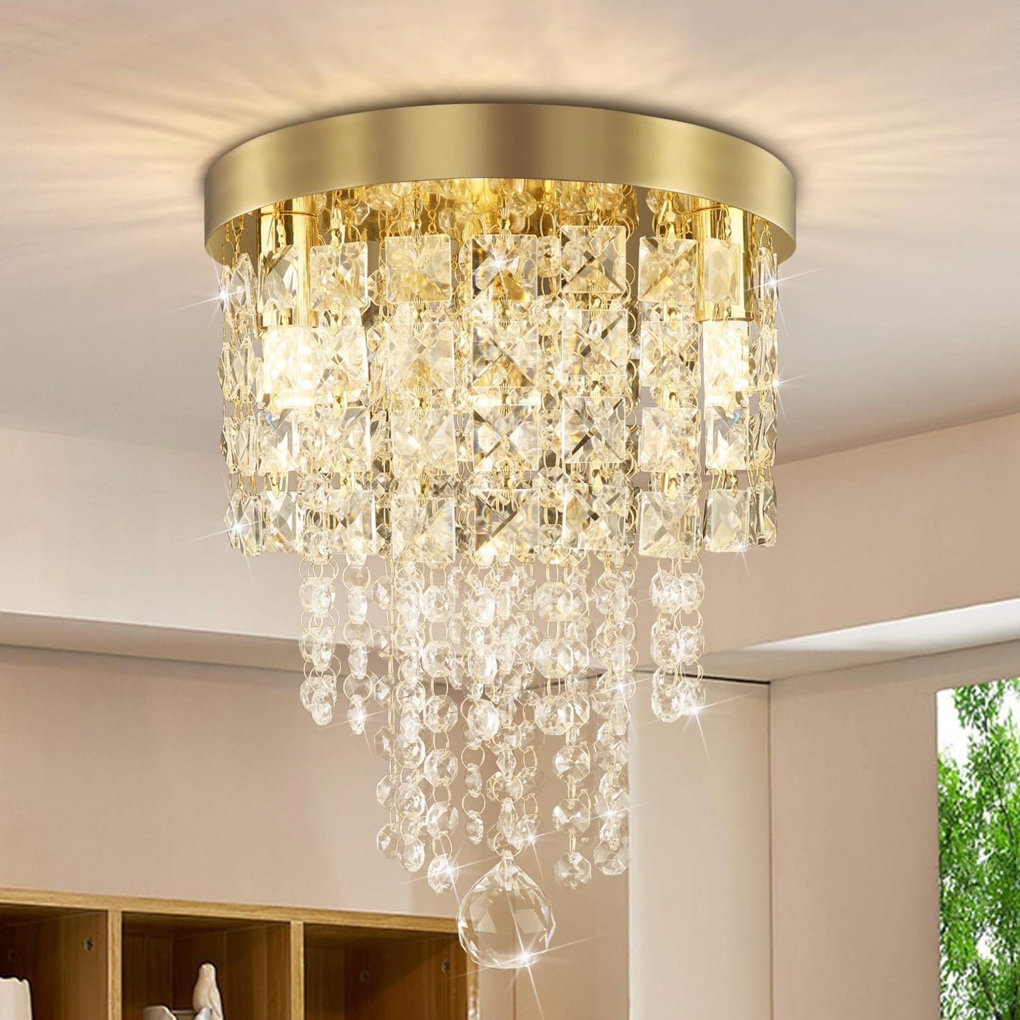 TISLYCO Mini Gold Crystal Chandelier, 3 Light Flush Mount Ceiling Light, Metal, 9.7inx11.5in, Beaded Pendant Lighting