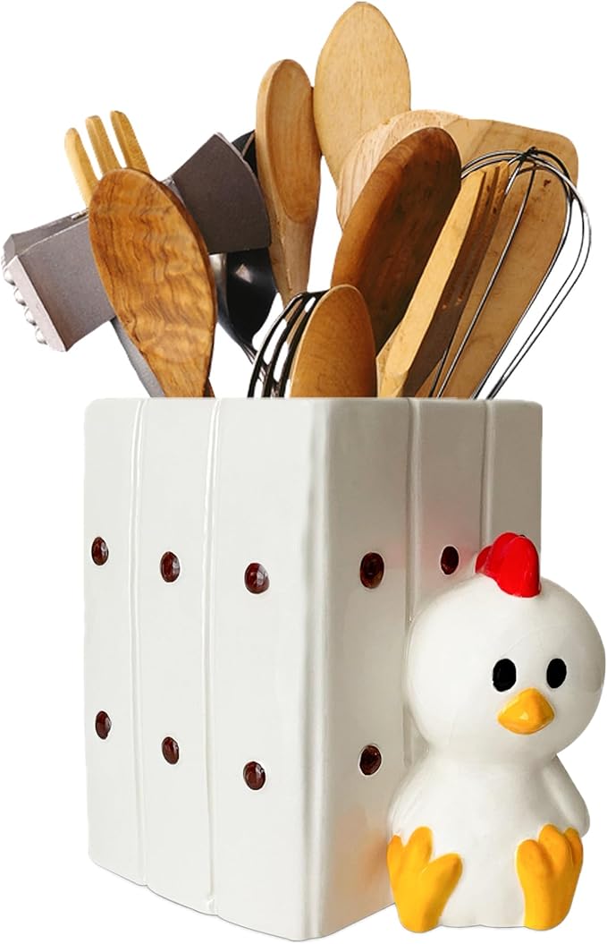 Chicken Utensil Holder | Kitchen Crock Storage | Chicken Stuff Print Accessories Decoration | Cute Chicken Gifts for Women | Gallina Pollo Animal Rooster Decor | Countertop Chick Stuff Vase