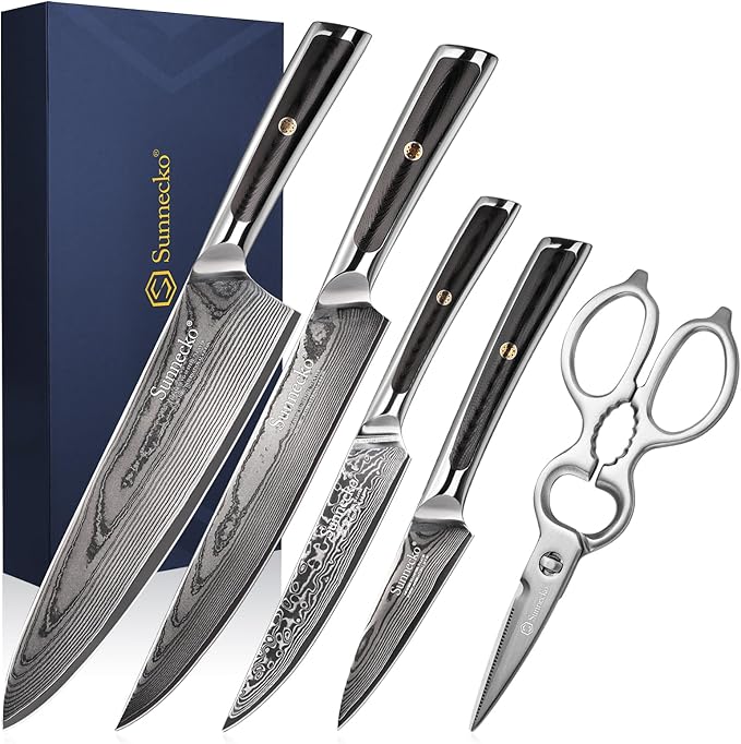 Sunnecko Damascus Kitchen Knife Set 5 Piece, Sharp Chef Knife Set with Kitchen Scissors, Professional Kitchen Knives Sets Full Tang with Gift Box